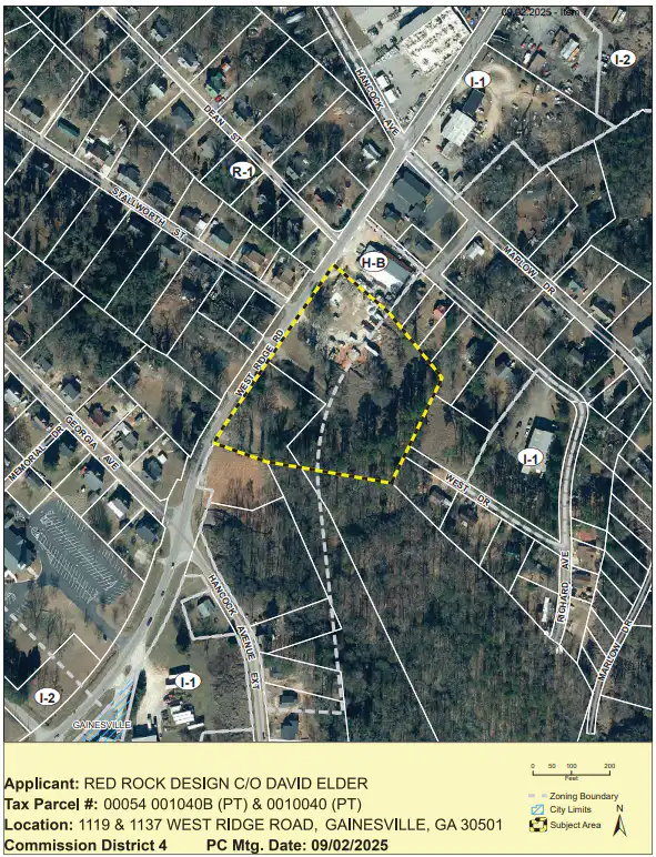 District 4: 1119 & 1137 West Ridge Road 1 District 4: 1119 1137 W Ridge Rd Map; (A) Rezone | from Residential 1 (R-1) & Light Industrial (I-1) to Light Industrial (I-1) (B) Variance | to section 8.2.3 (Buffer)