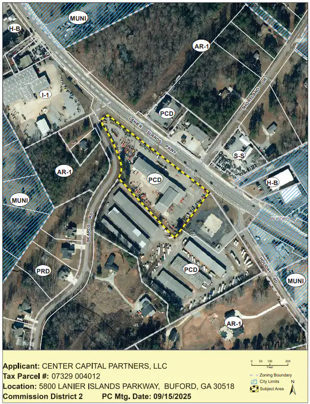 District 2: 5800 Lanier Islands Parkway 1 District 2: 5800 Lanier Islands Parkway (A) request to rezone a 3.58± acre from Planned Commercial Development (PCD) to Light Industrial (IͲ1) to allow uses permitted in I-1, and (B) a special use to allow for outdoor storage, vehicle sales, and vehicle repair