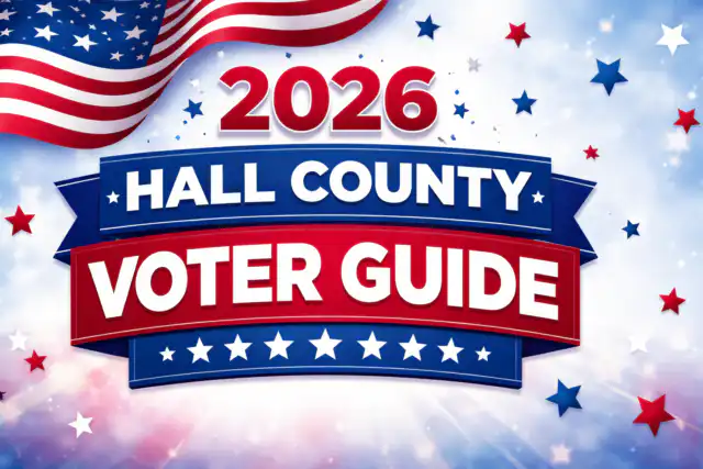 Voter Guide for 2026 Hall County Election Logo with the words on banners and an American Flag flying at the top