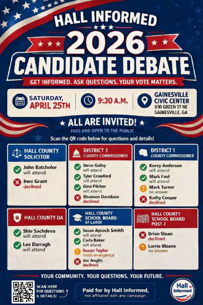 Hall County Debate hosted by Hall Informed flyer with a list of candidates who are participating or not. If they are not it shows why. The wording is on a background of a waving American Flag