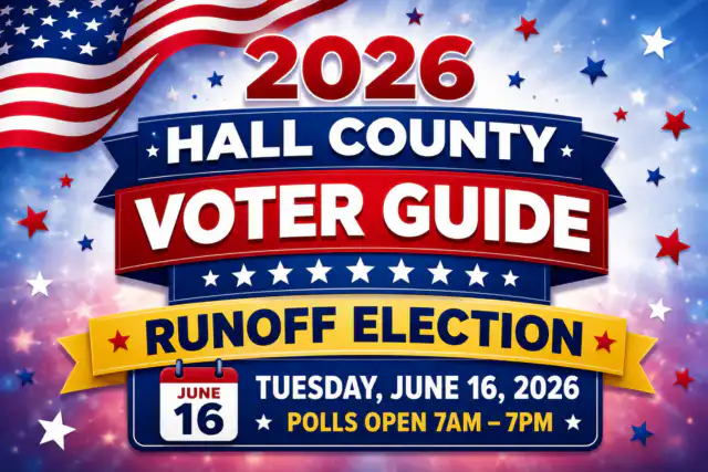 2026 Hall County Elections runoff graphic with a US Flag flying in the top left corner and the description of the Voter Guide in the middle of the graphic.