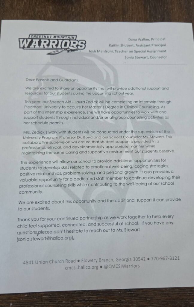 Chestnut Mountain Creative School of Inquiry Warriors letter announcing a clinical counseling student intern conducting counseling sessions with students.