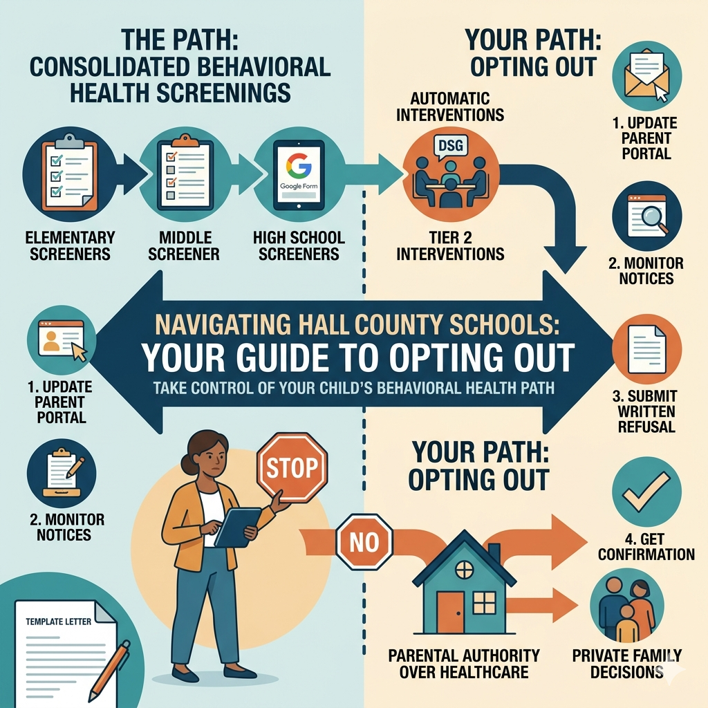 Hall County School System Questionnaire's, Surveys, Forms and How to OPT OUT of DSG & Mental Health Screenings 1 Infographic titled Navigating Hall County Schools: Your Guide to Opting Out, showing the pipeline of elementary, middle, and high school behavioral screeners leading to Tier 2 DSG interventions alongside step-by-step instructions for parents to opt out of all health screenings.