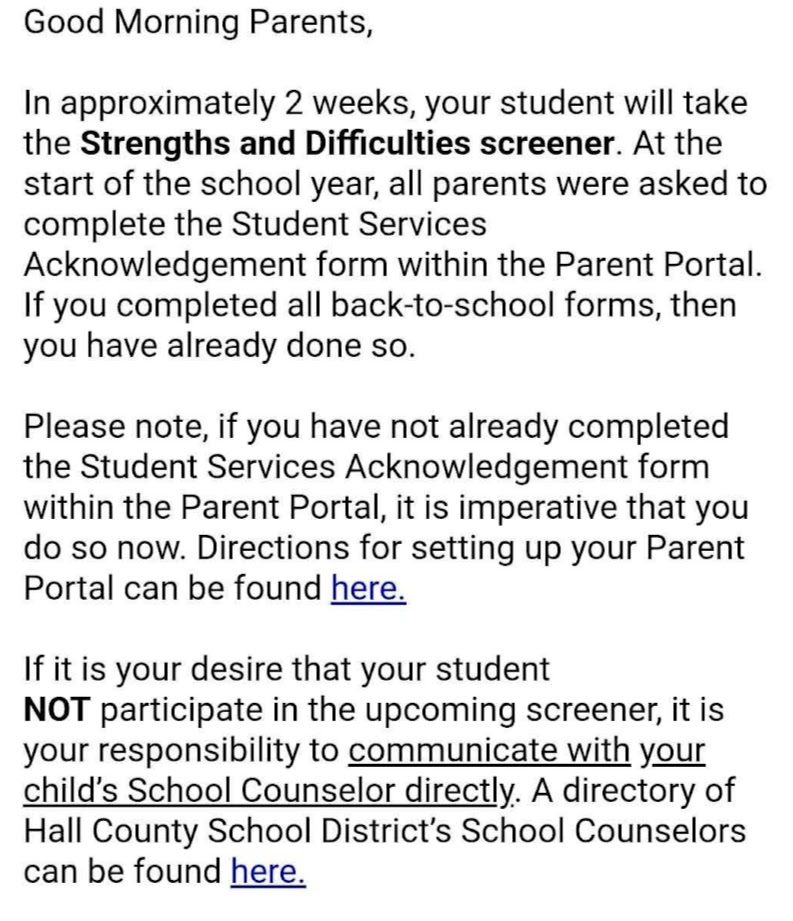 Proof of Passive Consent Rules with a message sent thru Remind to middle school parents at a Hall County School District Schools about DSG Questionnaires starting in two week. 
