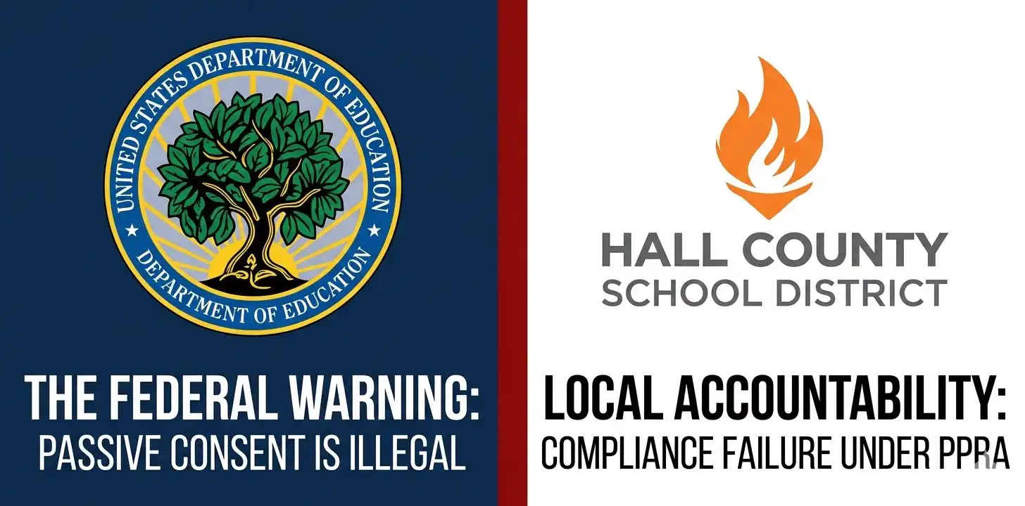 Feature banner for Hall County Schools showing the US Department of Education seal and Hall County School District logo side-by-side with text stating the federal warning that passive consent screeners are illegal under PPRA.