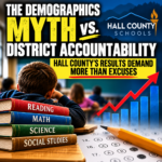 Hall County Schools: The Demographics Myth vs. District Accountability 1 Hall County Schools demographics and district accountability graphic highlighting reading, math, science and social studies performance.